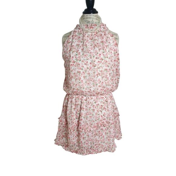Womens Halter Sleeveless Mini Dress L Pink White Floral Ruffle Resort Fairycore - Picture 1 of 5